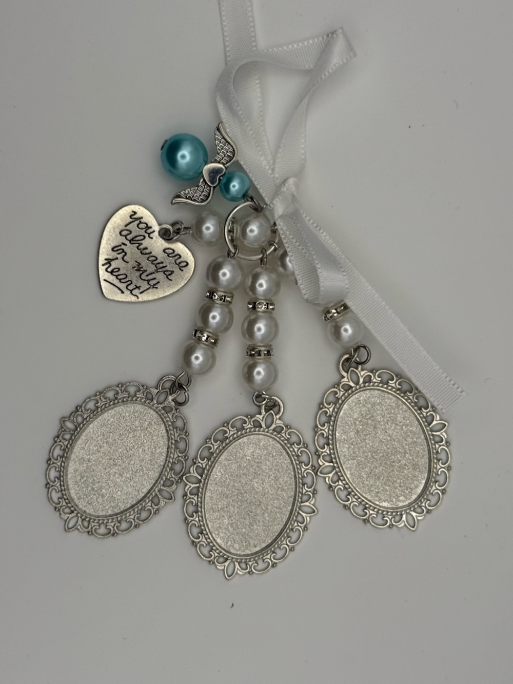 Silver and Blue Bow Wedding Bouquet Memorial Photo Charms, 3 Pcs